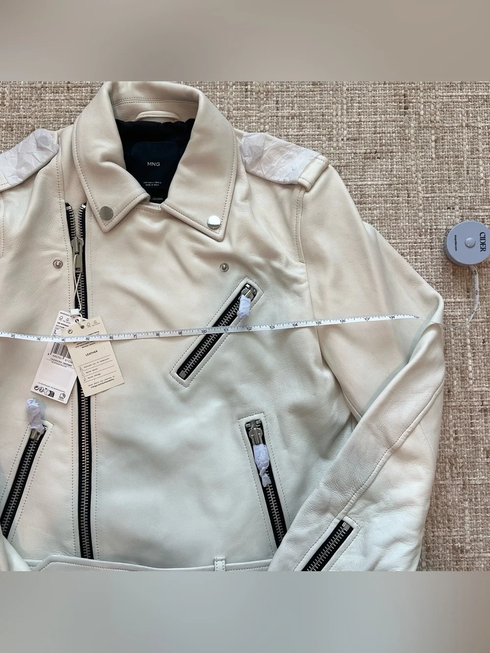 MANGO women White Sheep Leather Biker Jacket L